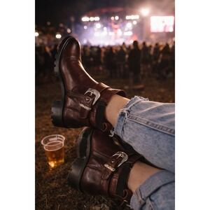 Vintage Foundry Co Burgundy Leather Lug Sole Ankle Moto Boots Womens 11‎
